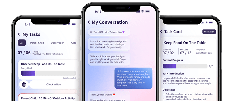NURI product screens for conversations, tasks, and family support